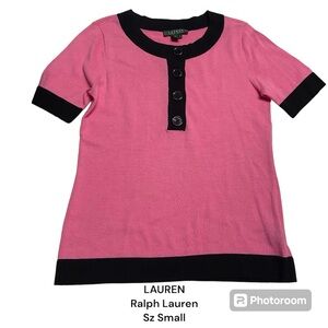 Lauren Ralph Top Women Pink Knit Black Trim Short Sleeve Blouse Channel Inspo